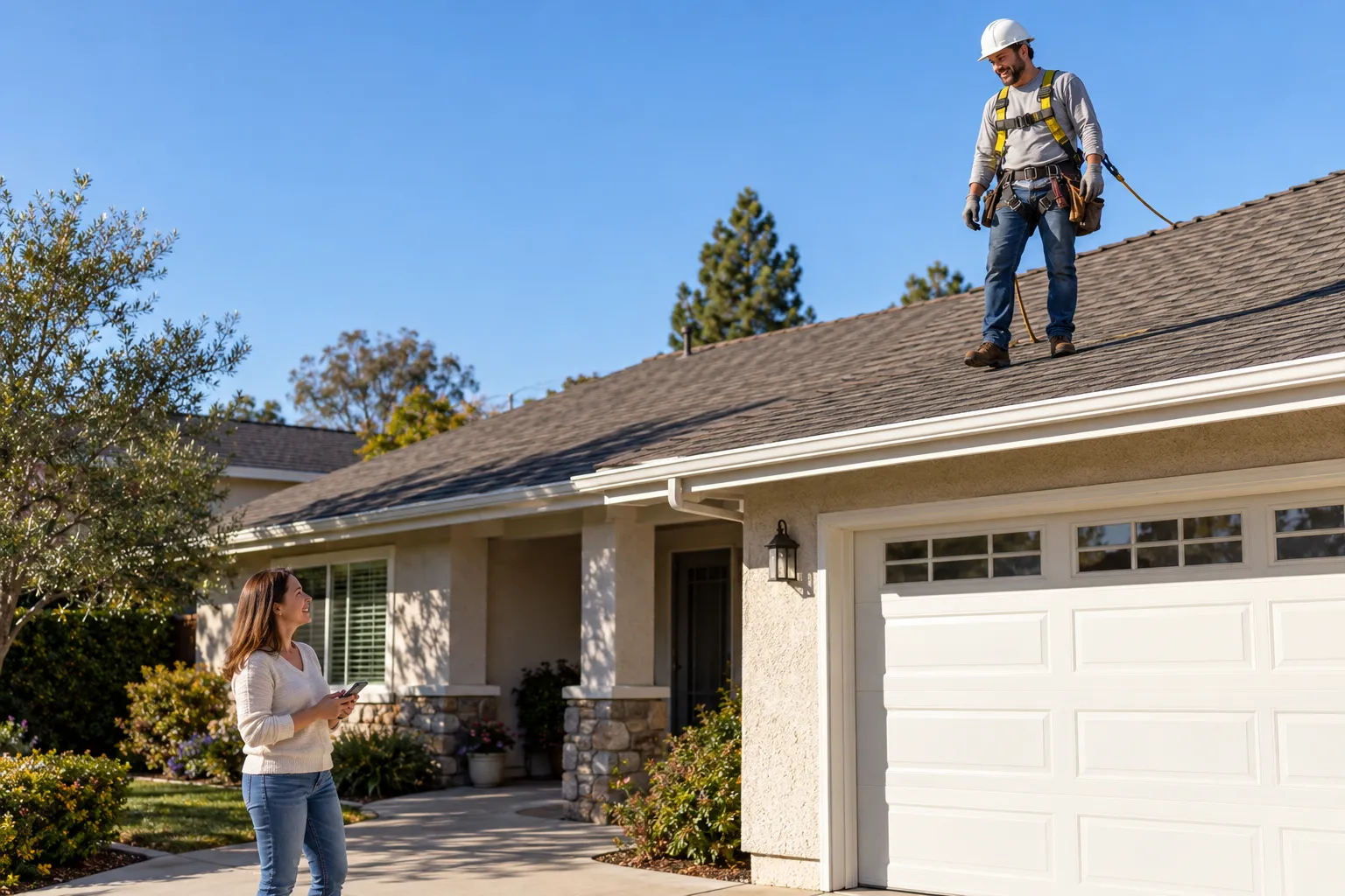 Local roofing provider inspecting an asphalt shingle roof on a stucco ranch home in the Sacramento area